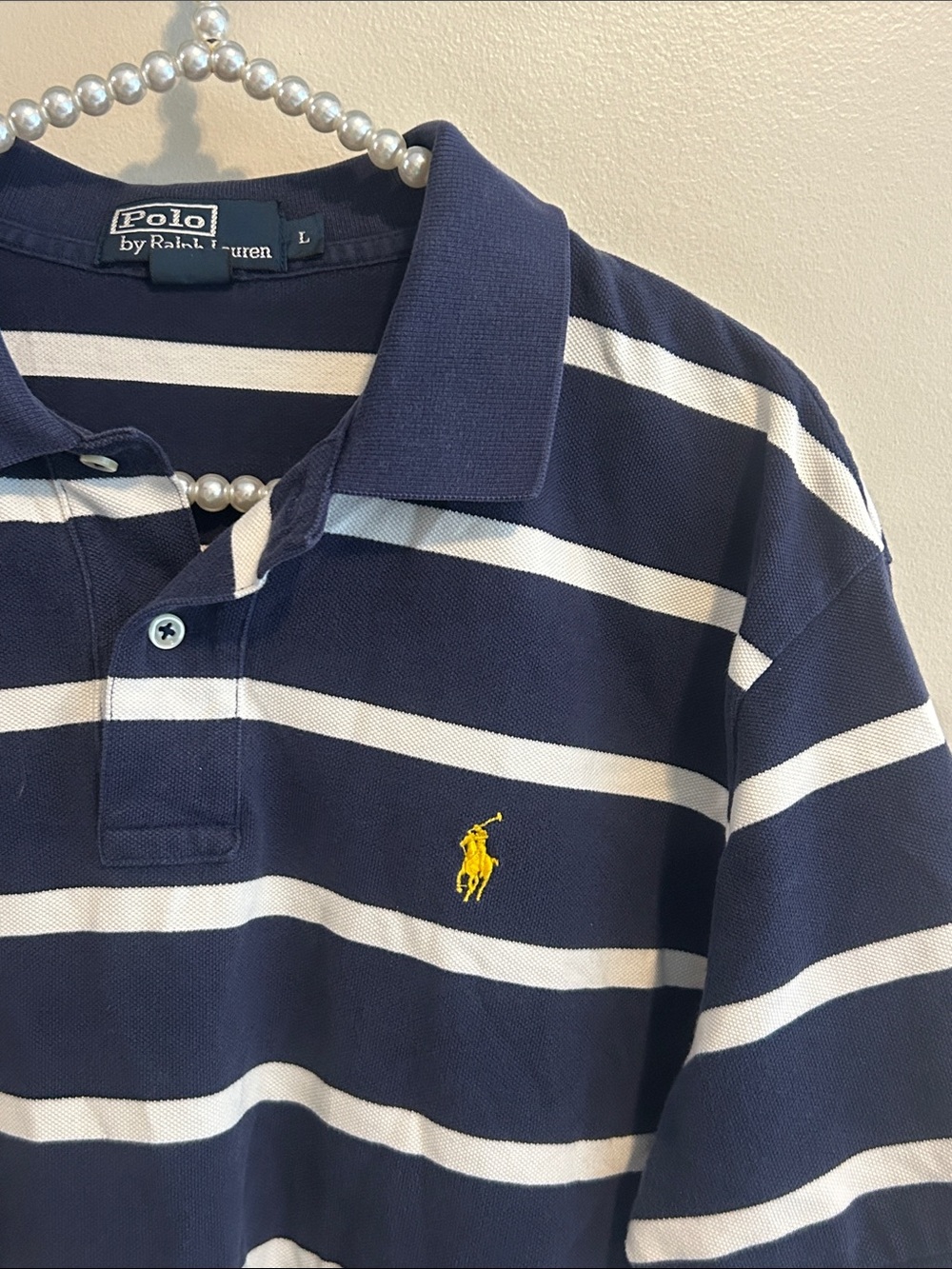 Polo Ralph Lauren Mens Large Navy White Striped Short Sleeve Polo Yellow Pony